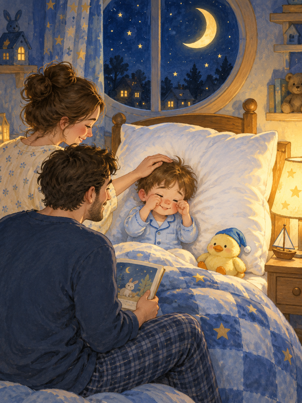 Illustration : des parents au bord du lit de leur petit garçon qui n’arrive pas à s’endormir, sous la lune