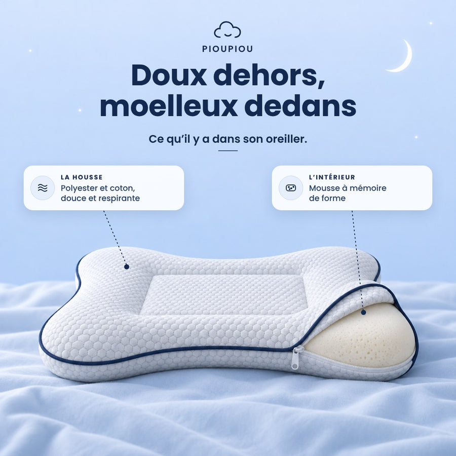Composition de l’oreiller Pioupiou : housse polyester et coton, intérieur en mousse à mémoire de forme