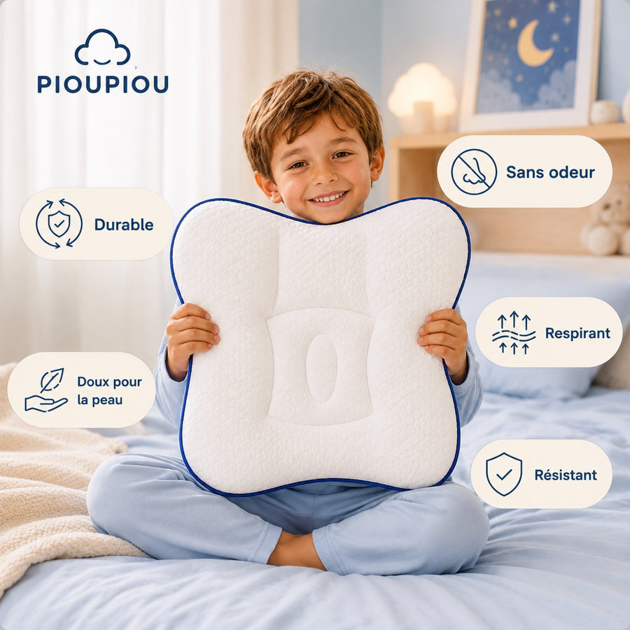 Enfant tenant son oreiller Pioupiou avec les mentions Durable, Sans odeur, Respirant, Doux pour la peau et Résistant