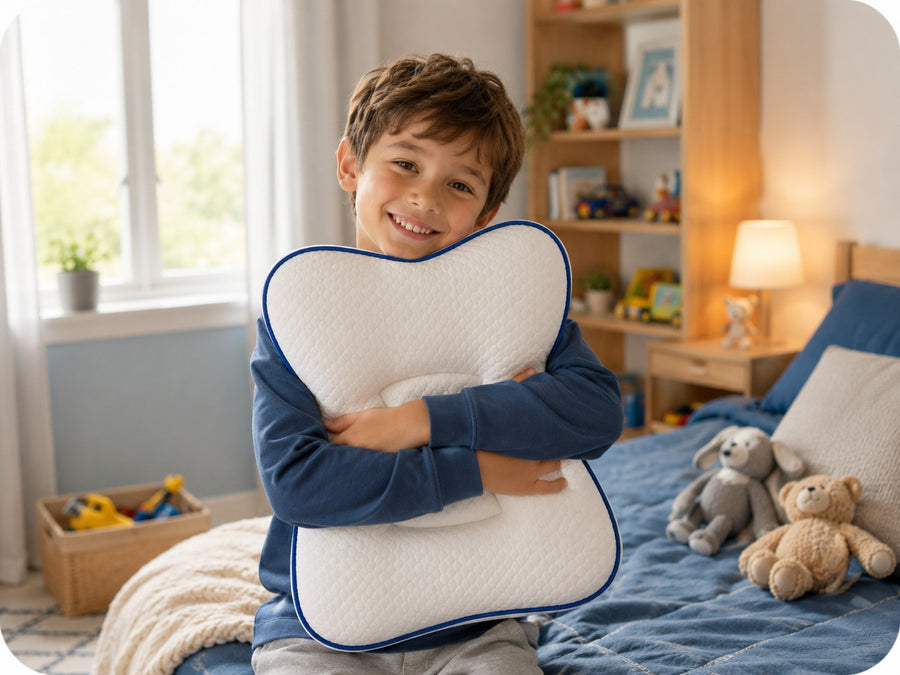 Enfant souriant qui serre son oreiller Pioupiou dans sa chambre
