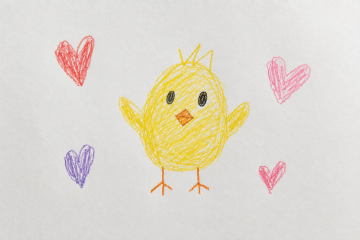 Dessin d’enfant au crayon représentant Pioupiou entouré de petits cœurs sur une feuille blanche.
