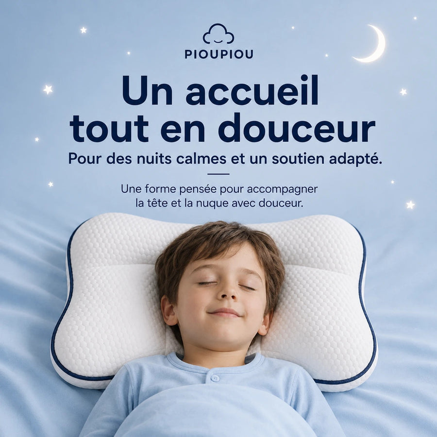 Enfant allongé sur le dos avec l’oreiller Pioupiou