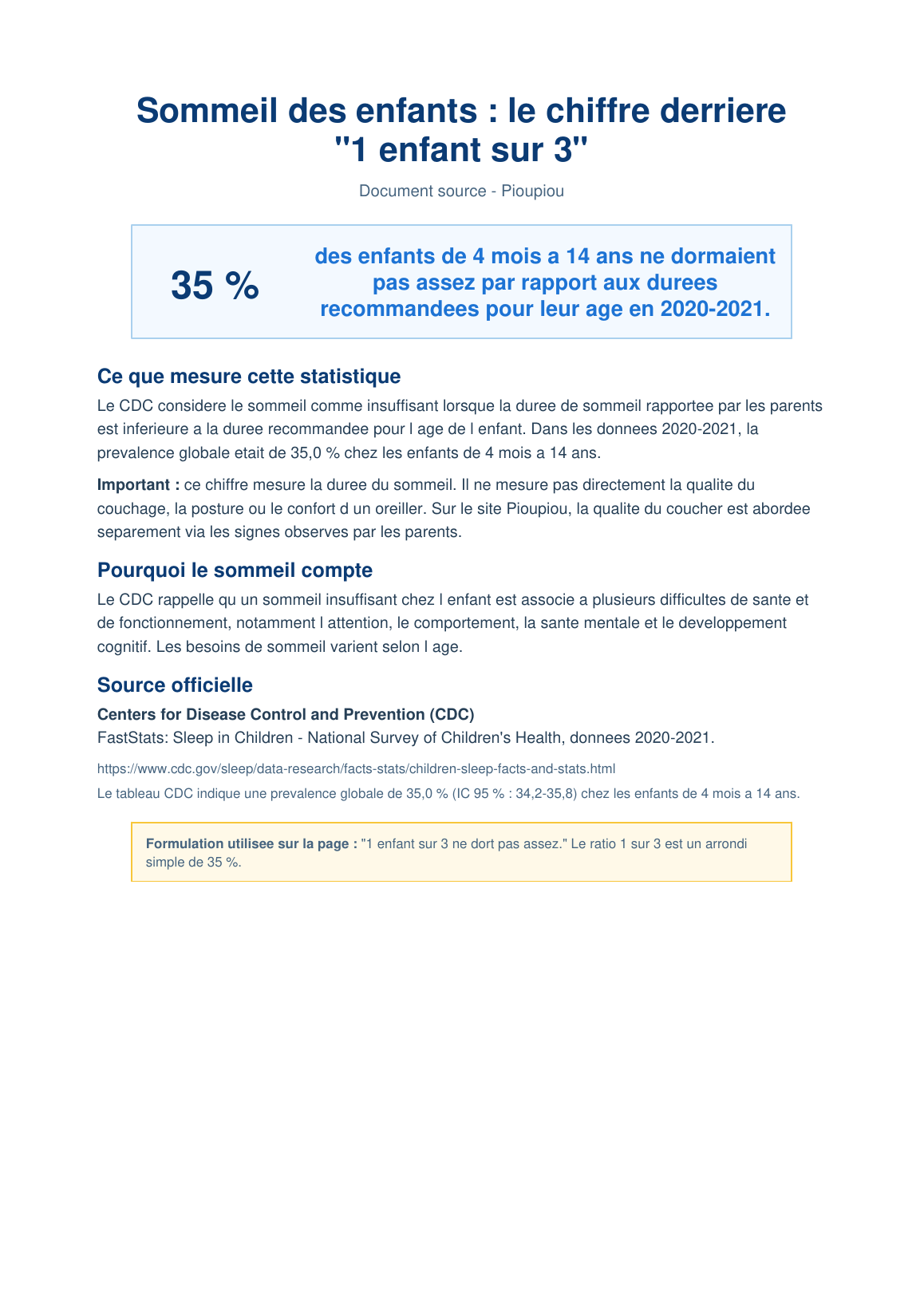 Document source Pioupiou sur le sommeil des enfants et le chiffre 1 enfant sur 3