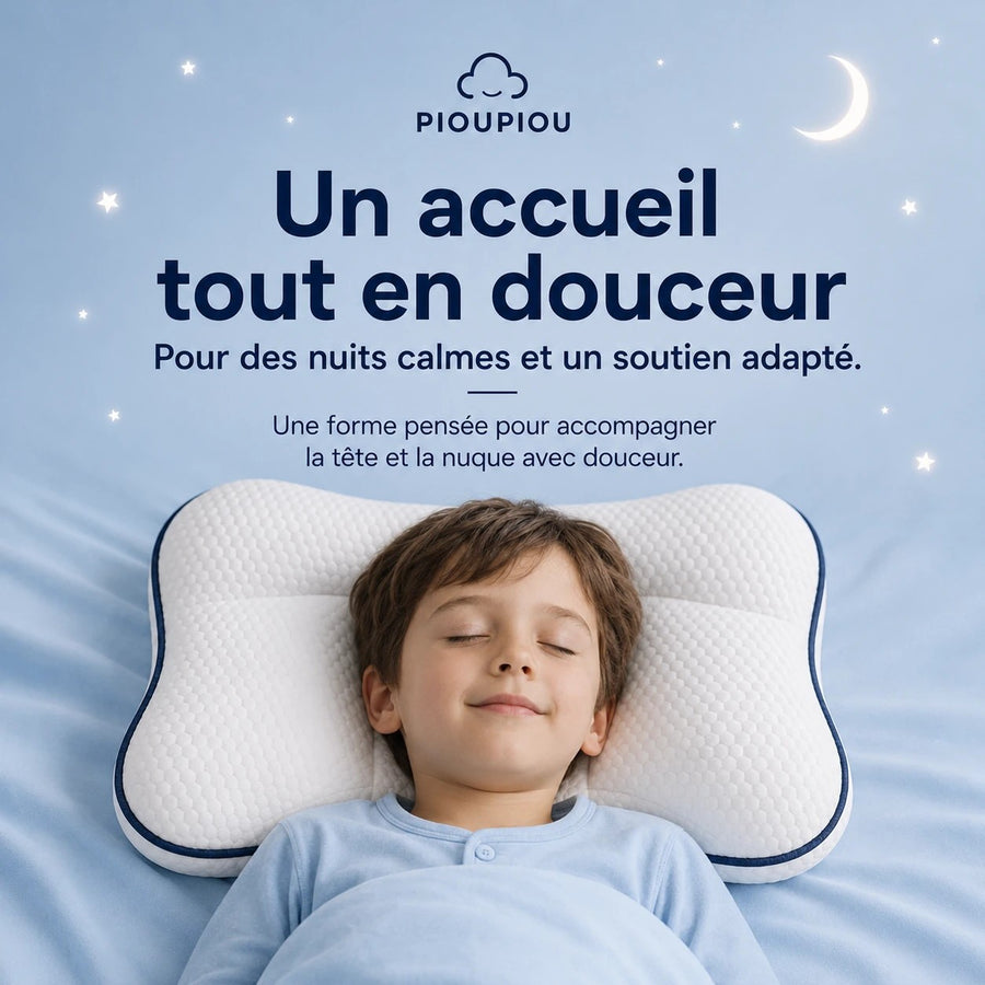 Enfant allongé sur le dos avec l’oreiller Pioupiou