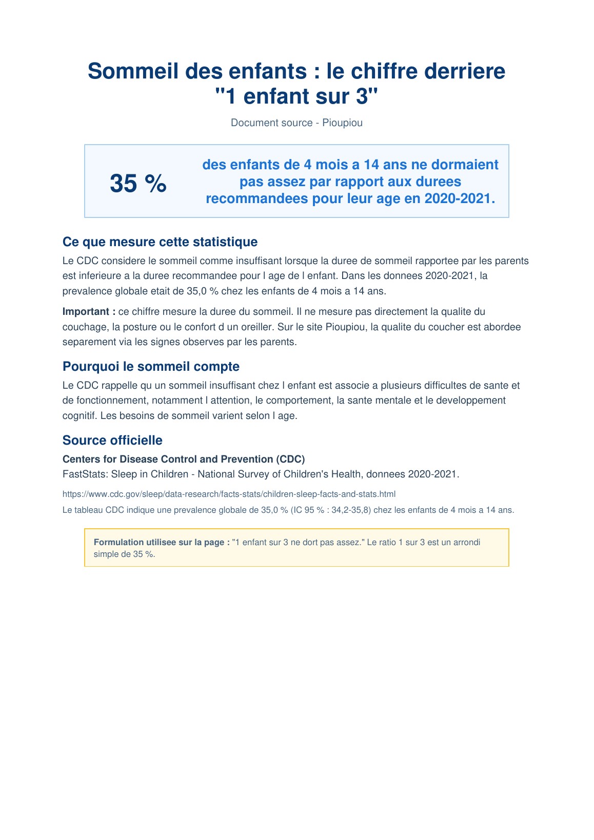 Document source Pioupiou sur le sommeil des enfants et le chiffre 1 enfant sur 3