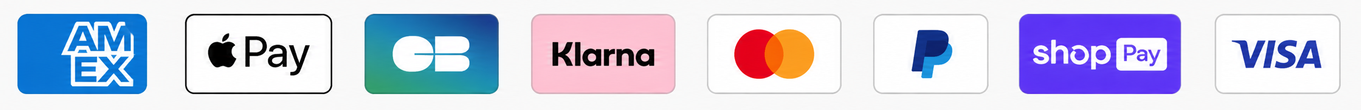 American Express, Apple Pay, Carte Bancaire, Klarna, Mastercard, PayPal, Shop Pay et Visa