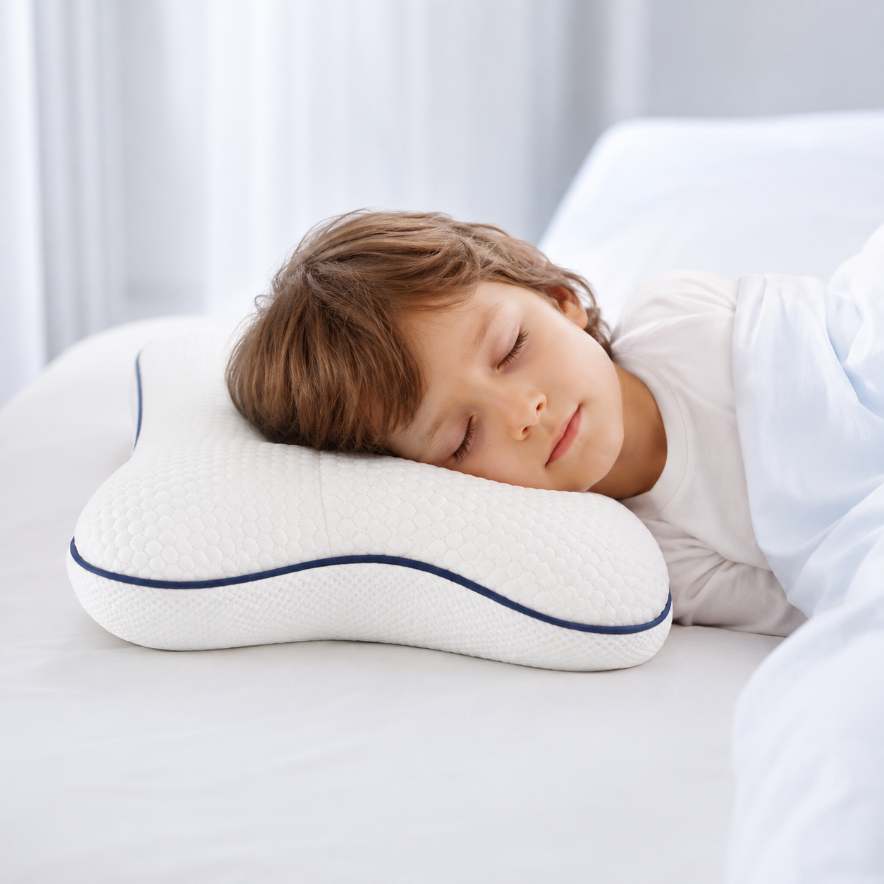 Enfant endormi paisiblement sur l’oreiller ergonomique Pioupiou