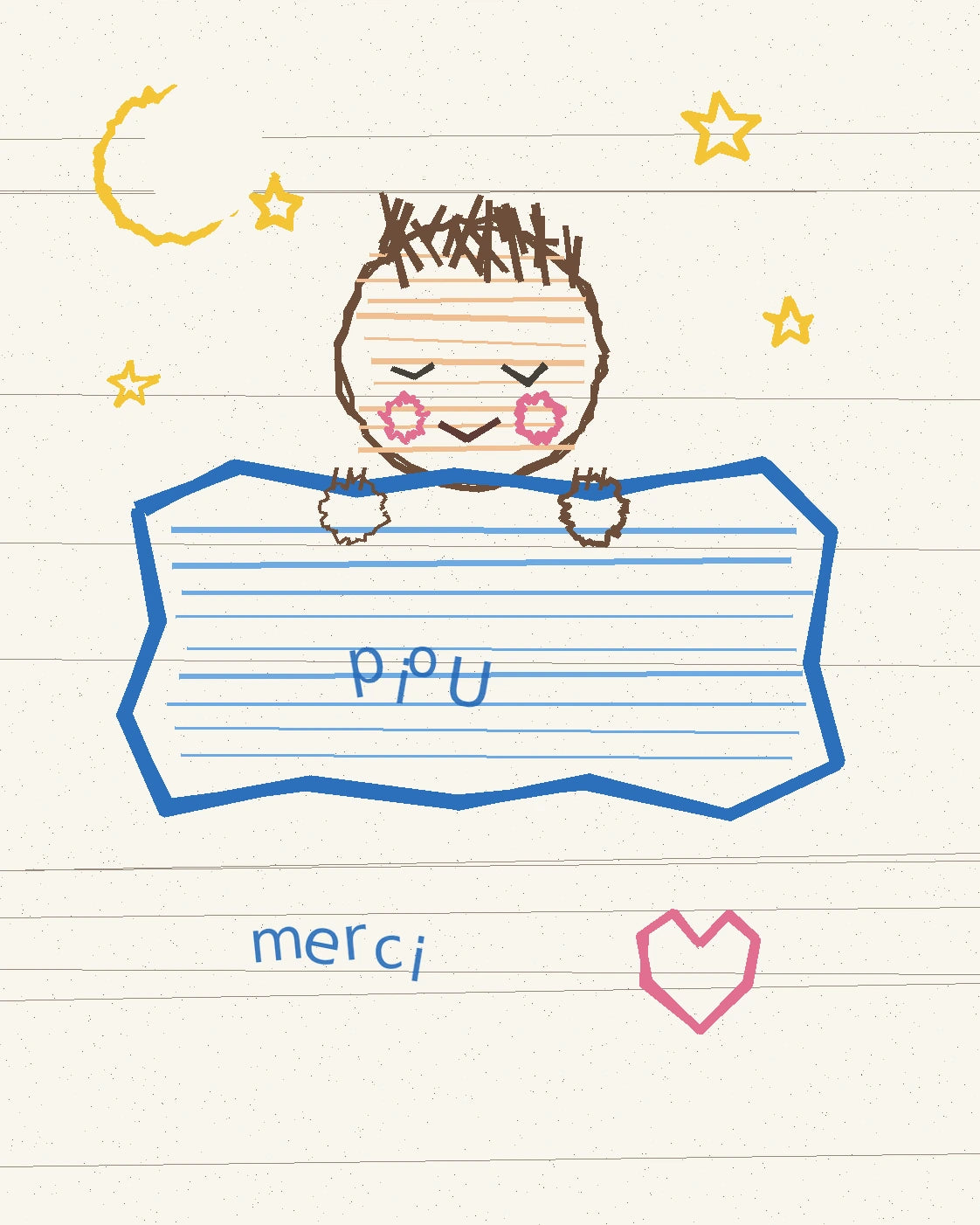Dessin enfantin Merci Pioupiou avec un oreiller, une lune et des étoiles